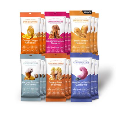 (1oz 18pack 3 of each flavor) Banana Bread Walnuts, Butter Toffee Peanuts, Blueberry Vanilla Cashews, Coconut Caramel Cashews, Maple Cinnamon Pecans, Orange Ginger Almonds