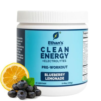 Ethans Feel Good Pre-Workout & Hydration Drink Mix, 200mg Plant-Based Caffeine, Electrolytes & Adaptogens, Vegan Organic Blueberry Lemonade, 30 Servings