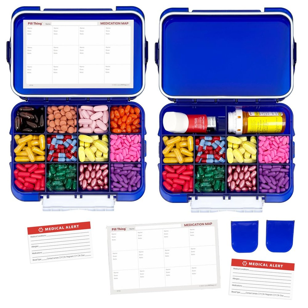 12 Compartment Large Pill Case with Airtight Seal - Silicone Gasket Waterproof Med Box with Medication Map (Blue 2 Pack)