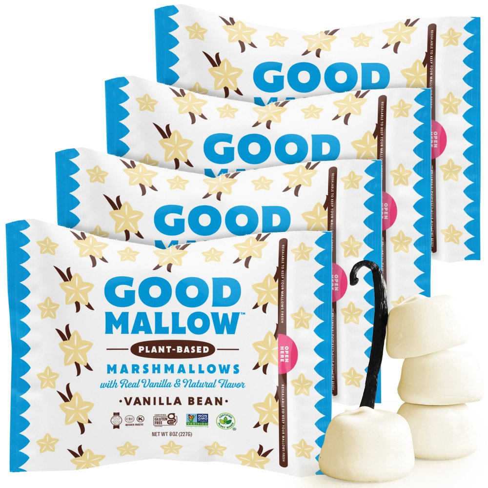 GoodMallow Vegan Marshmallows - Large Kosher Halal Gluten Free Dairy Free Healthy- 4 x 8oz. Natural Gelatin Free Marshmallows for Hot Chocolate, Smores, Baking - Nothing Artificial, Made in USA (White Vanilla ) (Pack of 4)