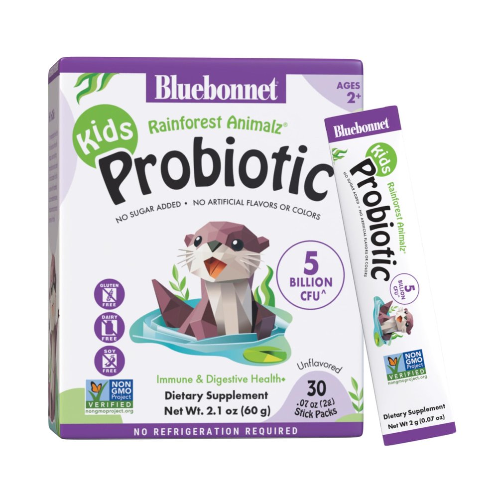 BlueBonnet Nutrition Rainforest Animalz Kids Probiotic 5 Billion CFU^ - Gut, Digestive & Immune Health - Non-GMO Free of Dairy, Gluten, Soy, Sugar, Artificial Flavor & Color - Unflavored, 30 Servings