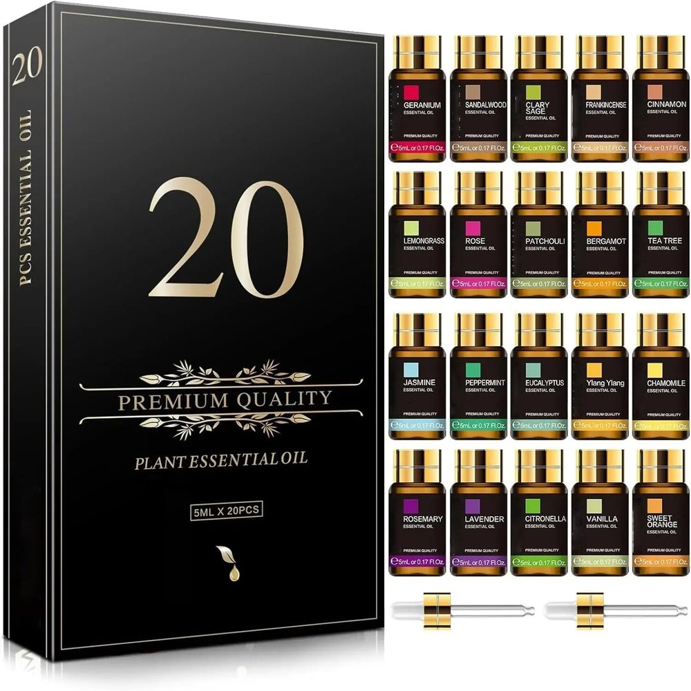 20-Pack Essential Oils Set Aromatherapy Oils for Diffusers, Humidifiers, Skin Care, Massage, Candle & Soap Making 5ML Each