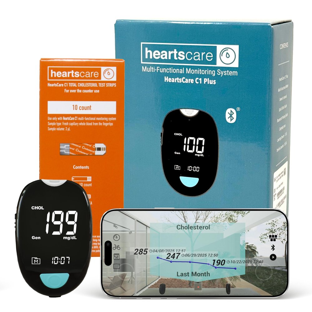 HeartsCare C1 Plus Total Cholesterol Meter Test Kit at Home with TC 10 count with 3D bluetooth HeartsHome app.
