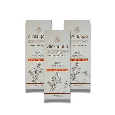 Villakuyaya Premium Dark Chocolate Herbal Cranberry Orange 80% Gourmet Ecuadorian Cacao with Hibiscus, Cranberries & Orange Essence, Vegan & Gluten-Free (Pack of 3)