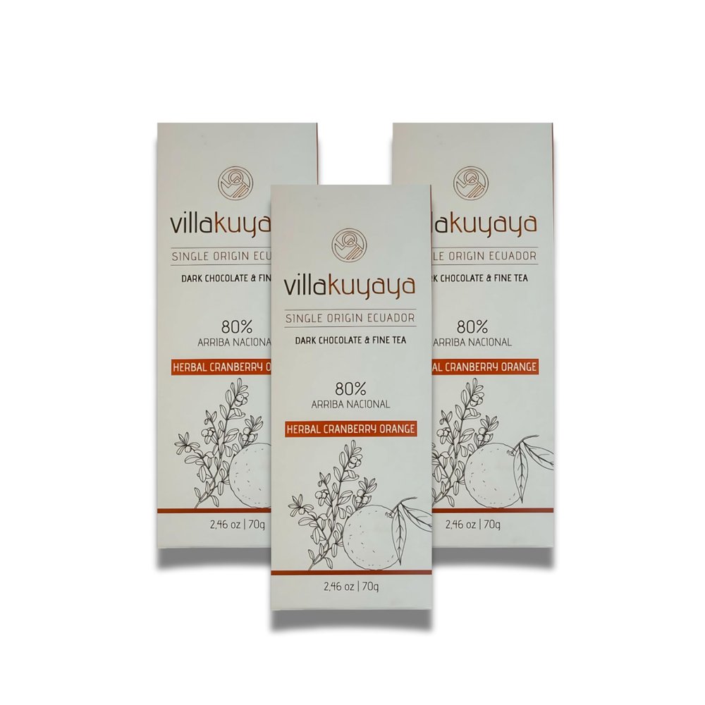 Villakuyaya Premium Dark Chocolate Herbal Cranberry Orange 80% Gourmet Ecuadorian Cacao with Hibiscus, Cranberries & Orange Essence, Vegan & Gluten-Free (Pack of 3)