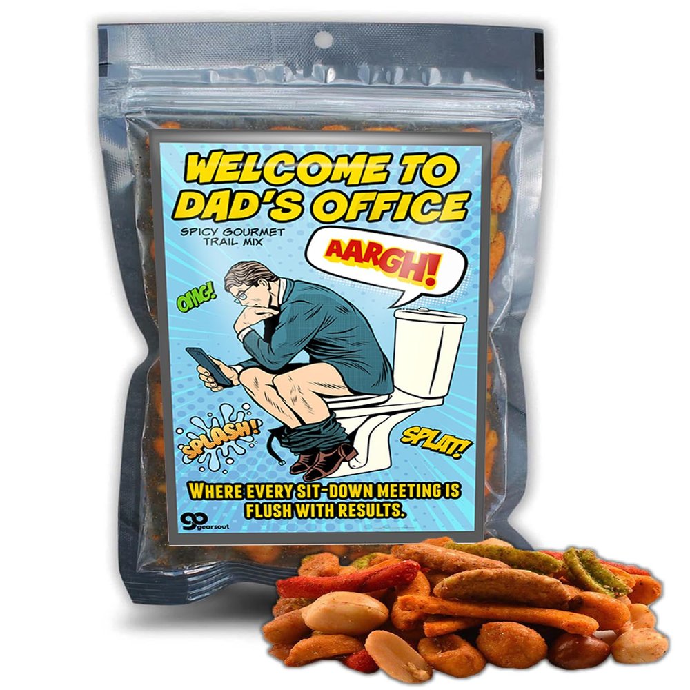 Dads Office Gourmet Trail Mix - Bathroom Businessman Gag Gift for Fathers Funny Potty Humor for Mens Snack Baskets and Stockings, Medium Spice Sriracha