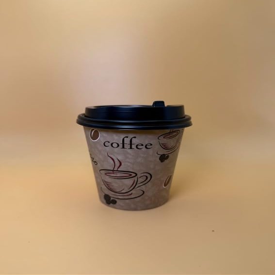 10OZ Brown Design Paper Hot Cups with Black Dome Lids for Coffee, Disposable Cups (300)