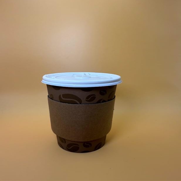 12OZ Brown Design Paper Hot Cups with White Flat Lids and Sleeves for Coffee, Disposable Cups (1000)