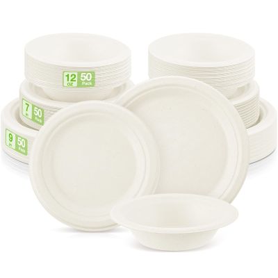 Havawish 150 Pcs White Compostable Paper Plates and Bowls Set 7 Inch 9 Inch Disposable Plate 12oz Biodegradable Bowls for Party Dinner Bulk Party Supplies