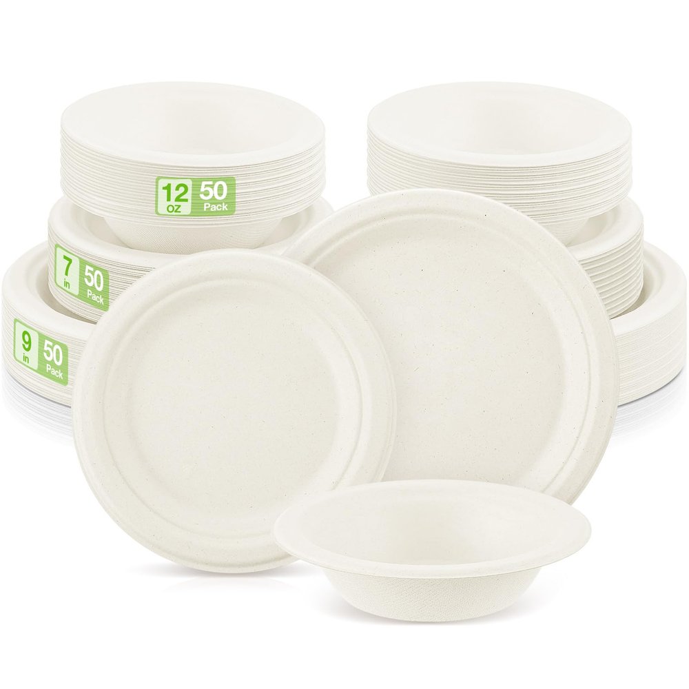 Havawish 150 Pcs White Compostable Paper Plates and Bowls Set 7 Inch 9 Inch Disposable Plate 12oz Biodegradable Bowls for Party Dinner Bulk Party Supplies