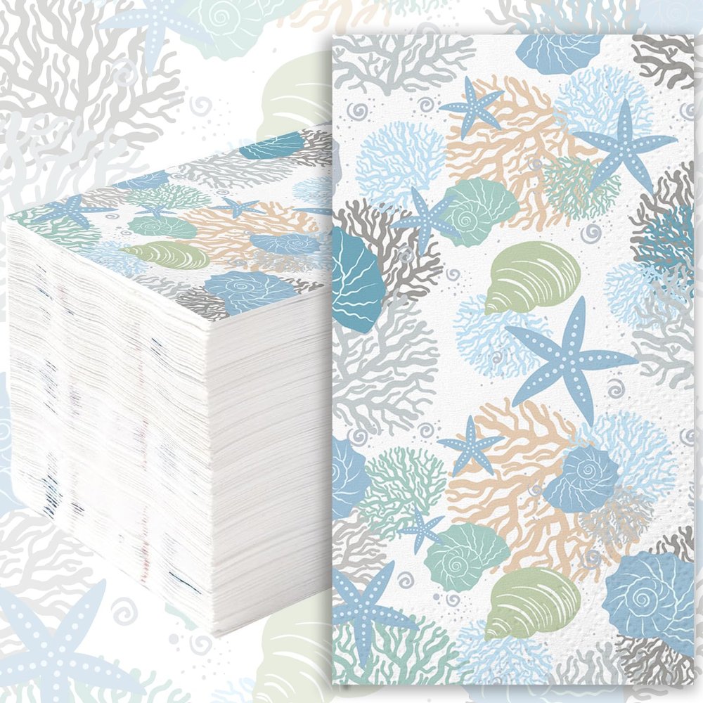 100Pcs Guest Napkins Starfish Summer Ocean Sea Coastal Napkins Beach Cocktail Napkin for Nautical Birthday Dinner Bathroom Party Supplies