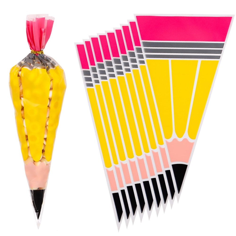 FOIMAS 120pcs Back to School Cellophane Treat Bags,Pencil Shaped Candy Goodie Bags Cookie Bag for Back to School Teacher Appreciation Party Favor