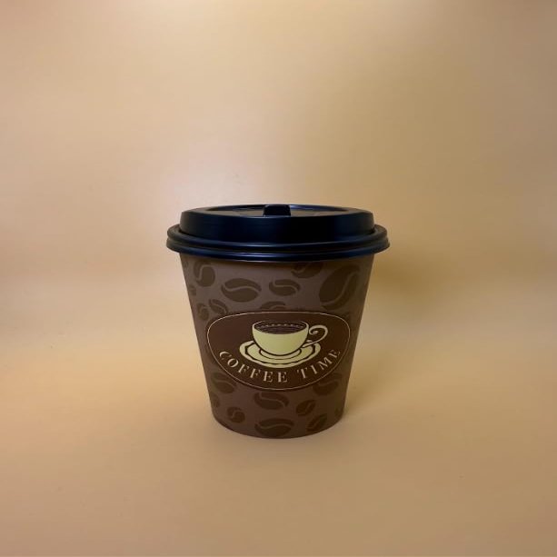 12OZ Brown Design Paper Hot Cups with Black Dome Lids for Coffee, Disposable Cups (100)