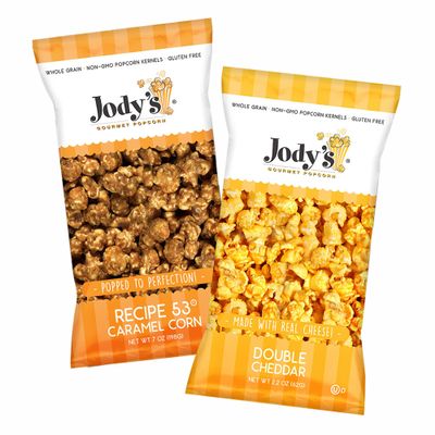 Jodys Gourmet Popcorn Bundle 1 Bag R53 Caramel Corn (7 oz) & 1 Bag Double Cheddar Popcorn (2.2 oz) Sweet and Savory Snack Perfect for Movie Nights, Parties, Gifting, and Celebrations