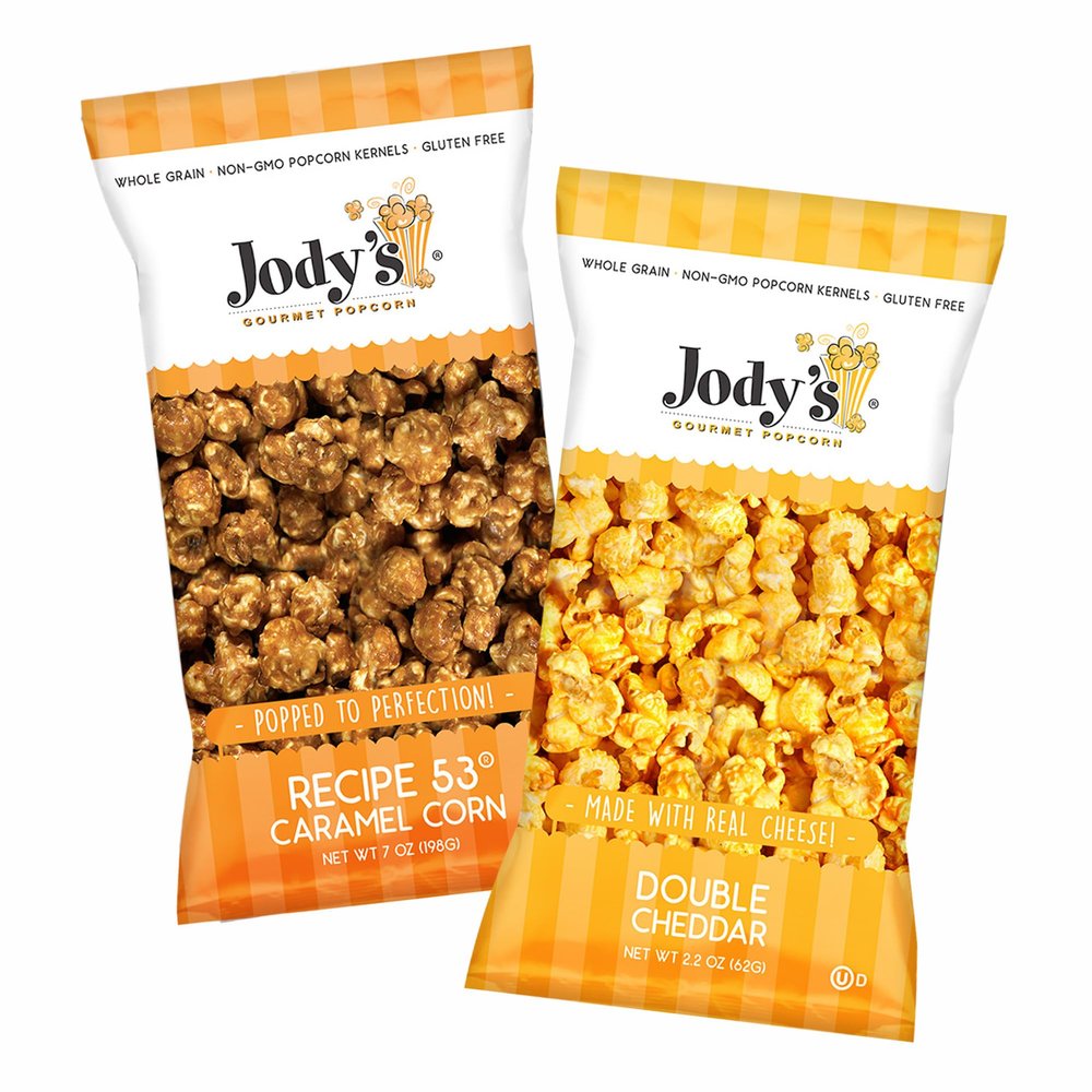 Jodys Gourmet Popcorn Bundle 1 Bag R53 Caramel Corn (7 oz) & 1 Bag Double Cheddar Popcorn (2.2 oz) Sweet and Savory Snack Perfect for Movie Nights, Parties, Gifting, and Celebrations