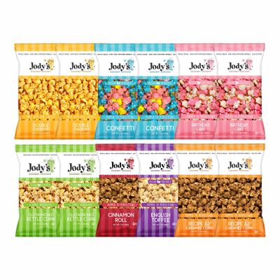 Jodys Gourmet Popcorn 6-Pack Variety R53 Caramel Corn x2 (7 oz), Kettle Corn x2 (2 oz), Double Cheddar x2 (2.2 oz) Sweet & Savory Snack Mix Small-Batch Popcorn Perfection