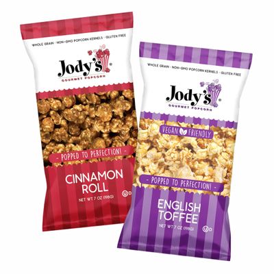 Jodys Popcorn 2 Pack Bundle Cinnamon Roll & English Toffee Gourmet Flavors Sweet Crunchy Handcrafted Snacks Non-GMO 2 x 7oz Bags Unique Treats Perfect for Sharing Gifting or Movie Night