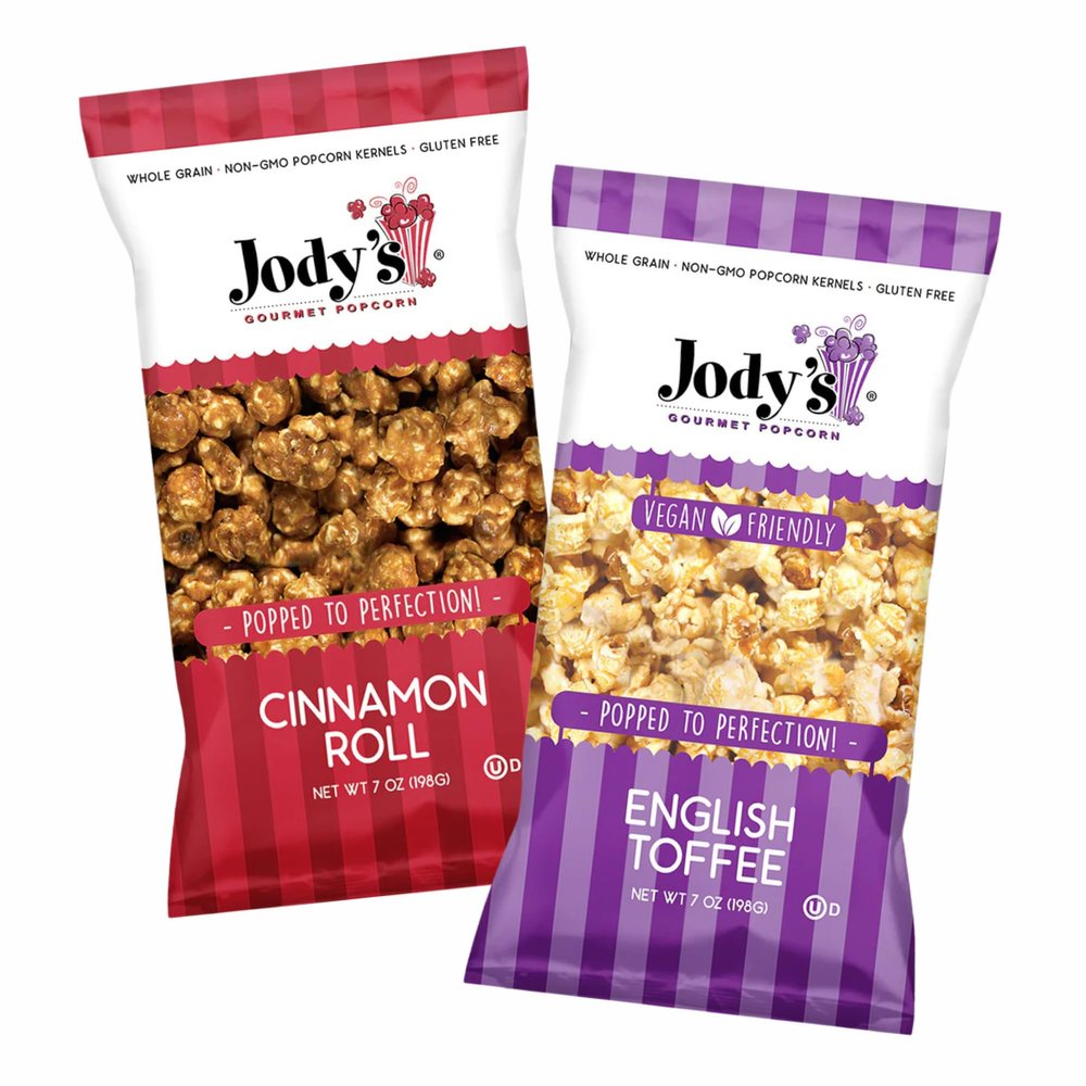 Jodys Popcorn 2 Pack Bundle Cinnamon Roll & English Toffee Gourmet Flavors Sweet Crunchy Handcrafted Snacks Non-GMO 2 x 7oz Bags Unique Treats Perfect for Sharing Gifting or Movie Night