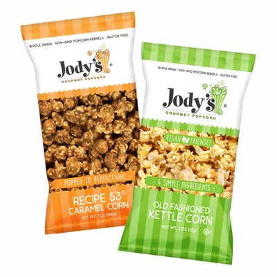 Jodys Gourmet Popcorn Bundle 1 Bag Recipe 53 Caramel Corn (7 oz) & 1 Bag Old Fashioned Kettle Corn (2 oz) Sweet and Salty Snack Perfect for Movie Nights, Gifting, Parties, and Celebrations