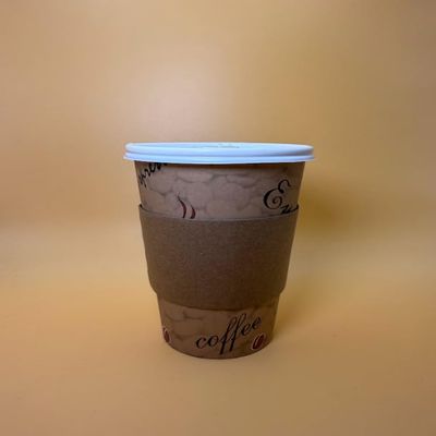 16OZ Brown Design Paper Hot Cups with White Flat Lids and Sleeves for Coffee, Disposable Cups (1000)