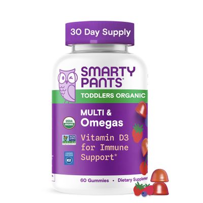 SmartyPants Toddler Organic Multi & Omegas Multivitamin Gummies with Omega 3 ALA, Vitamins D3, C, B12, B6, A, K, Zinc, Biotin, Clean Label, Mixed Berry and Cherry Flavors, 60 Gummies (30 Day Supply)
