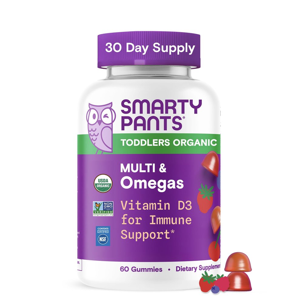 SmartyPants Toddler Organic Multi & Omegas Multivitamin Gummies with Omega 3 ALA, Vitamins D3, C, B12, B6, A, K, Zinc, Biotin, Clean Label, Mixed Berry and Cherry Flavors, 60 Gummies (30 Day Supply)