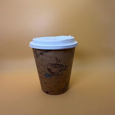 16OZ Brown Design Paper Hot Cups with White Dome Lids for Coffee, Disposable Cups (200)