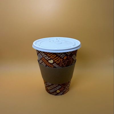 20OZ Brown Design Paper Hot Cups with White Flat Lids and Sleeves for Coffee, Disposable Cups for Drinks (500)