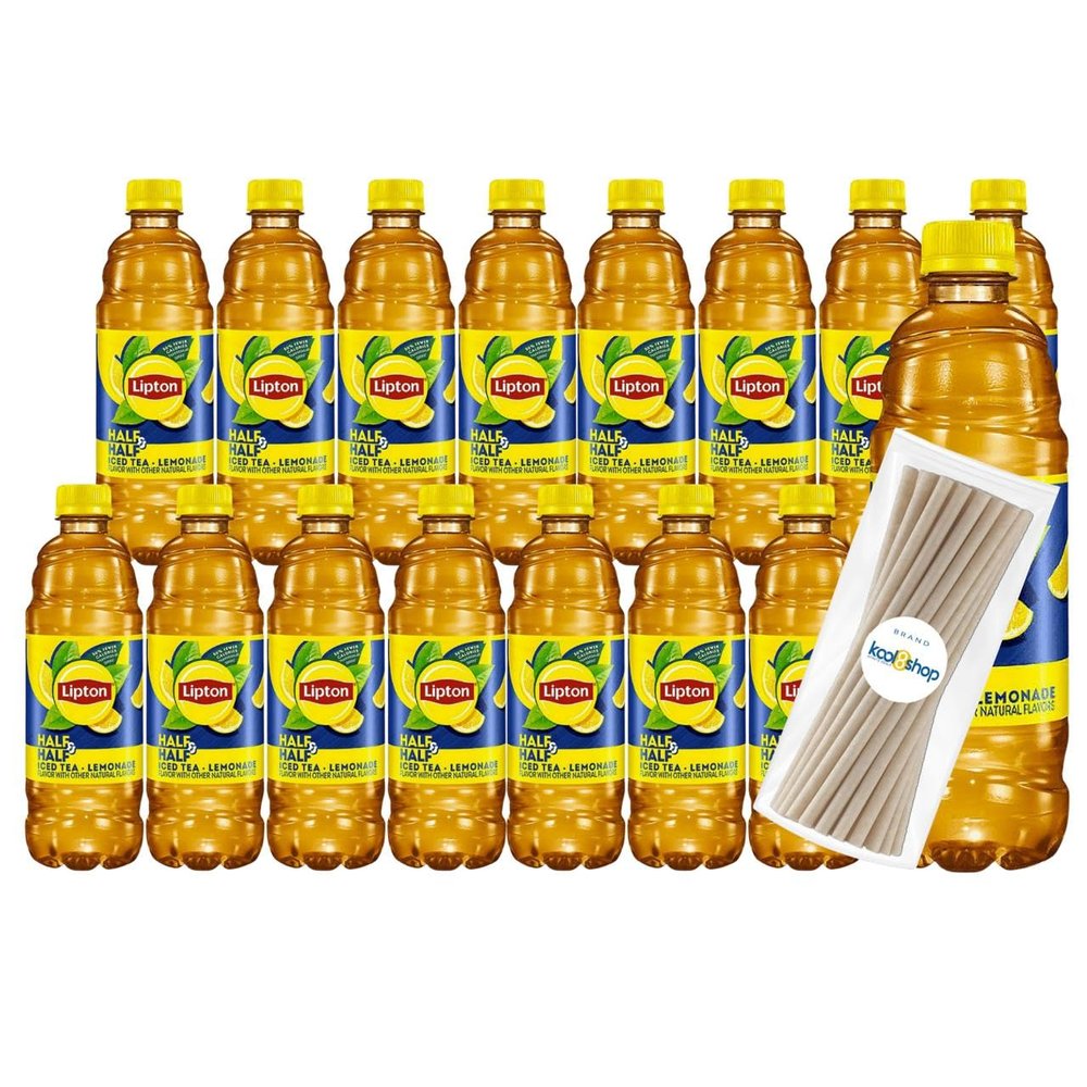 Lipton Half & Half Lemonade - Iced Tea 16.9 fl oz Plastic Bottle 16 Pack + 15 Sugarcane Disposable Straws by KOOL8SHOP Infinite Deals