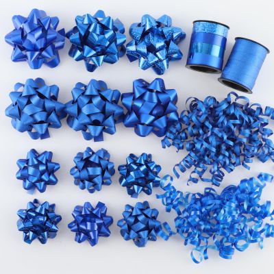 DYSHIPEN 16 Pcs Gift Bows,Bows for Gift Wrapping and Presents,2 Crimped Curling Ribbons,2 Curly Bows,Christmas Bows,for Parties, Birthdays, Weddings. (Blue, 3.5in+2.5in)