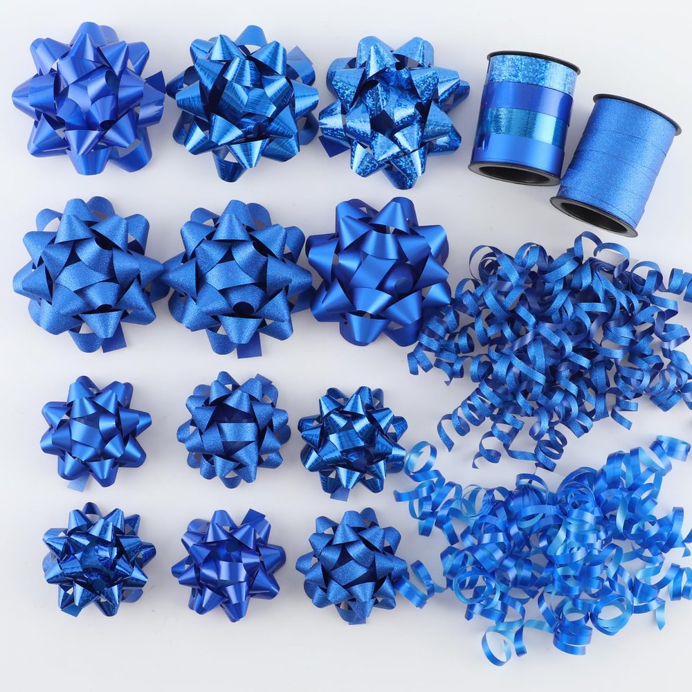 DYSHIPEN 16 Pcs Gift Bows,Bows for Gift Wrapping and Presents,2 Crimped Curling Ribbons,2 Curly Bows,Christmas Bows,for Parties, Birthdays, Weddings. (Blue, 3.5in+2.5in)