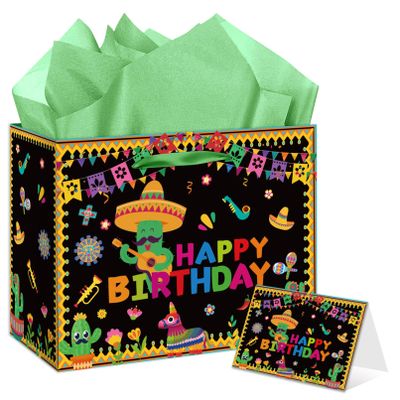 EIGHTSTATES Large Mexican Birthday Gift Bag Mexican Fiesta Birthday Gift Bag with Greeting Card & Tissue Paper Taco Cactus Themed Bday Decorations Supplies for Boys Girls Kids