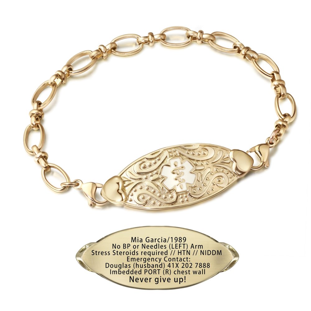 BURISSKY Customized Medical Alert Bracelets for Women with Engraving,Personalized Womens Medic ID Bracelet Life Alert Emergency Identification Jewelry (Golden, 9.0 Inches)