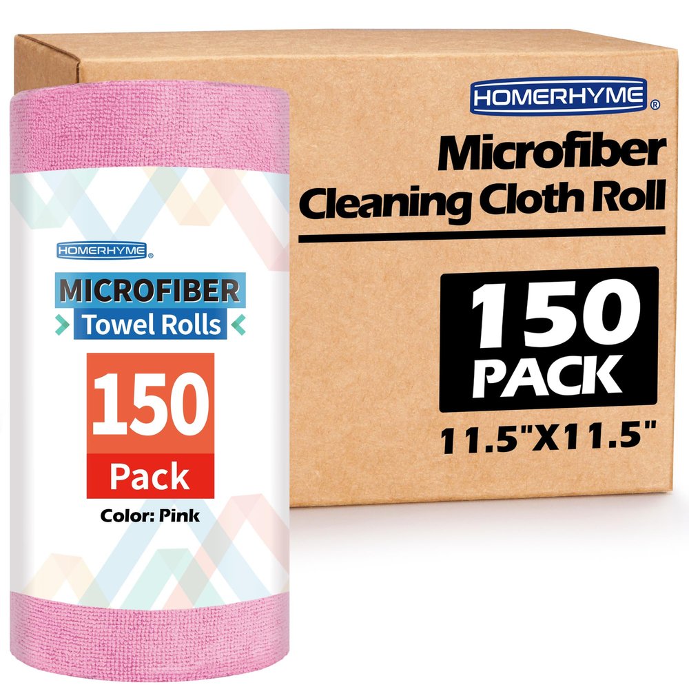 HOMERHYME Microfiber Cleaning Cloth, 150 Sheets Tear Away Shop Towels, Reusable Washable Microfiber Towels for Cars, Lint Free Cleaning Rags for Home, Automotive, Workshop & Garage 11.5"x11.5" Pink