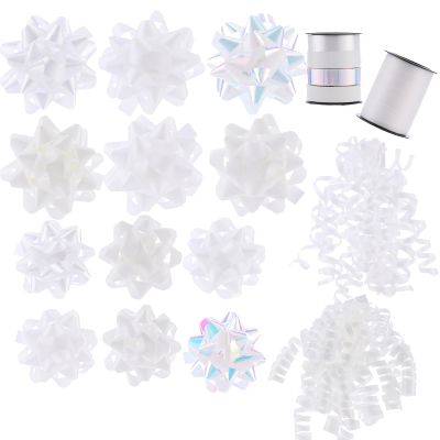 DYSHIPEN 16 Pcs Gift Bows,Bows for Gift Wrapping and Presents,2 Crimped Curling Ribbons,2 Curly Bows,Christmas Bows,for Parties, Birthdays, Weddings. (White, 4.5in+3.5in)