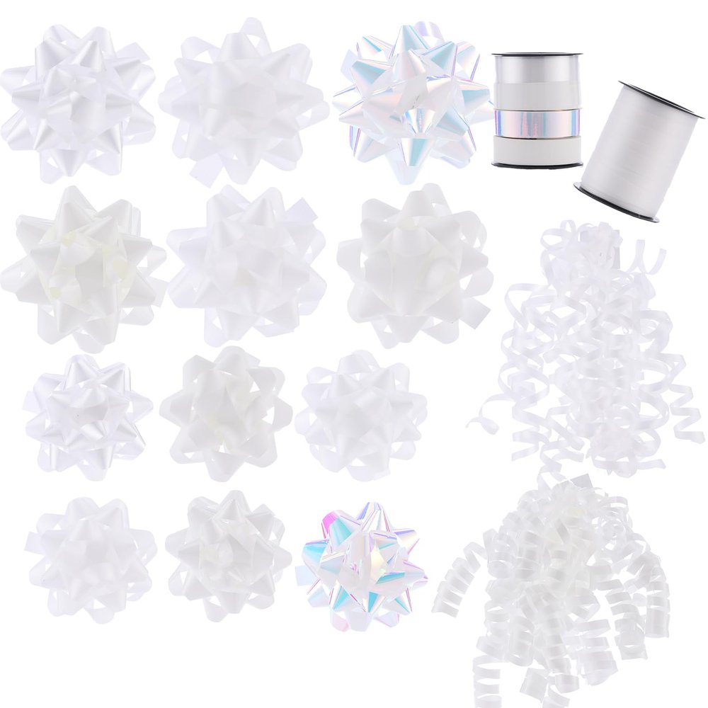 DYSHIPEN 16 Pcs Gift Bows,Bows for Gift Wrapping and Presents,2 Crimped Curling Ribbons,2 Curly Bows,Christmas Bows,for Parties, Birthdays, Weddings. (White, 4.5in+3.5in)