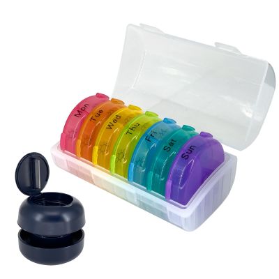 7 Day Pill Organizer 3 Times a Day with Pill Cutter & Crusher, Round Weekly Travel Medicine Box 21 Compartments