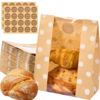 Feifeiya 100 Pack Kraft Paper Bread Bags for Homemade Sourdough Bread with Window & Stickers, 13.7x8.3 Large Bakery Bags for Loaves Greaseproof Food Packaging for Baking Gifts, Brown(Classic)