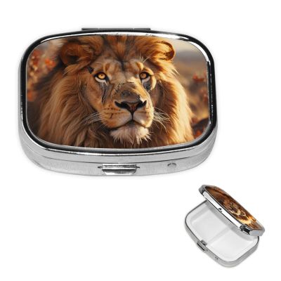 Lion on Grassland Pill Box Round Pill Case for Pocket Purse 2 Compartment Medicine Pill Organizer Cute Portable Travel Pillbox Vitamin Cod Liver Oil Storage Box Unique Gift Organizer