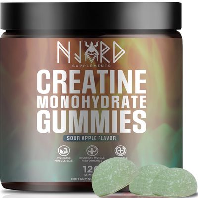 NJORD SUPPLEMENTS Creatine Monohydrate Gummy Candy, Low Sugar, 30 Servings, 5g of Creatine Per Serving, Vegan, Gluten-Free, Bodybuilding Recovery Supplement to Increase Muscle Size and Strength