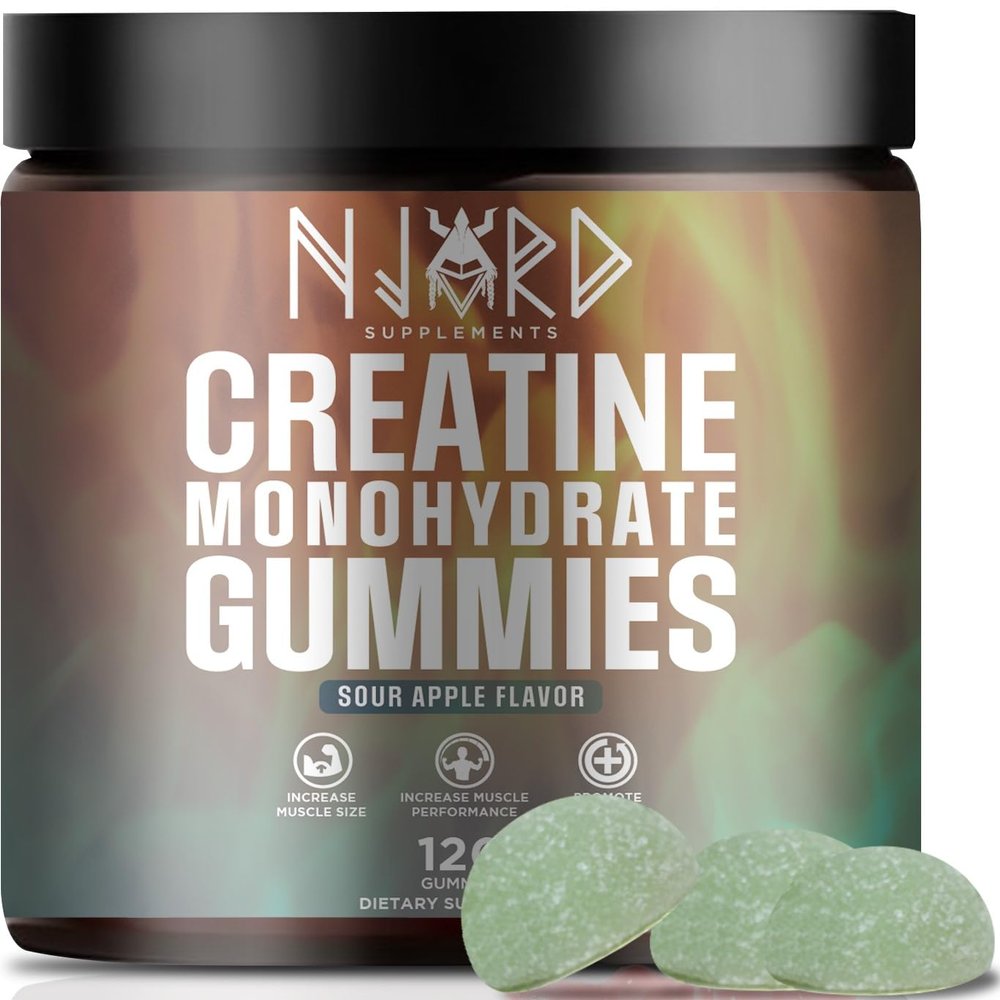 NJORD SUPPLEMENTS Creatine Monohydrate Gummy Candy, Low Sugar, 30 Servings, 5g of Creatine Per Serving, Vegan, Gluten-Free, Bodybuilding Recovery Supplement to Increase Muscle Size and Strength