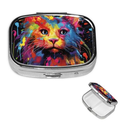 Colorful Paint Painting of cat Pill Box Round Pill Case for Pocket Purse 2 Compartment Medicine Pill Organizer Cute Portable Travel Pillbox Vitamin Cod Liver Oil Storage Box Unique Gift Organizer