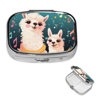 Cute llama singing on musical notes Pill Box Round Pill Case for Pocket Purse 2 Compartment Medicine Pill Organizer Cute Portable Travel Pillbox Vitamin Cod Liver Oil Storage Box Unique Gift Organizer