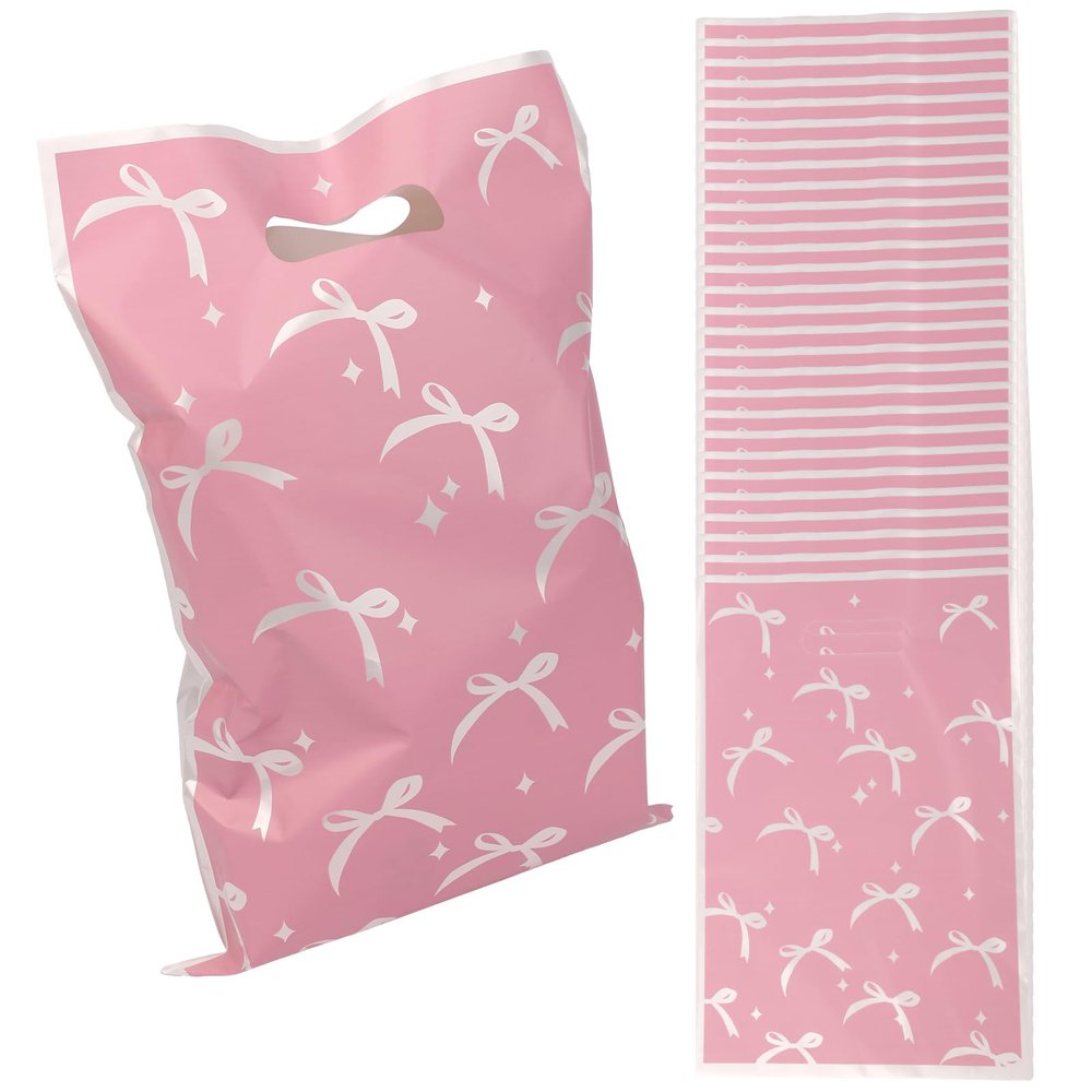 BOXOB 30pcs Pink Bow Goodie Bags, Cute Bow Plastic Gift Pouches Bow-Themed Party Favor Bags for Birthday Parties and Themed Events
