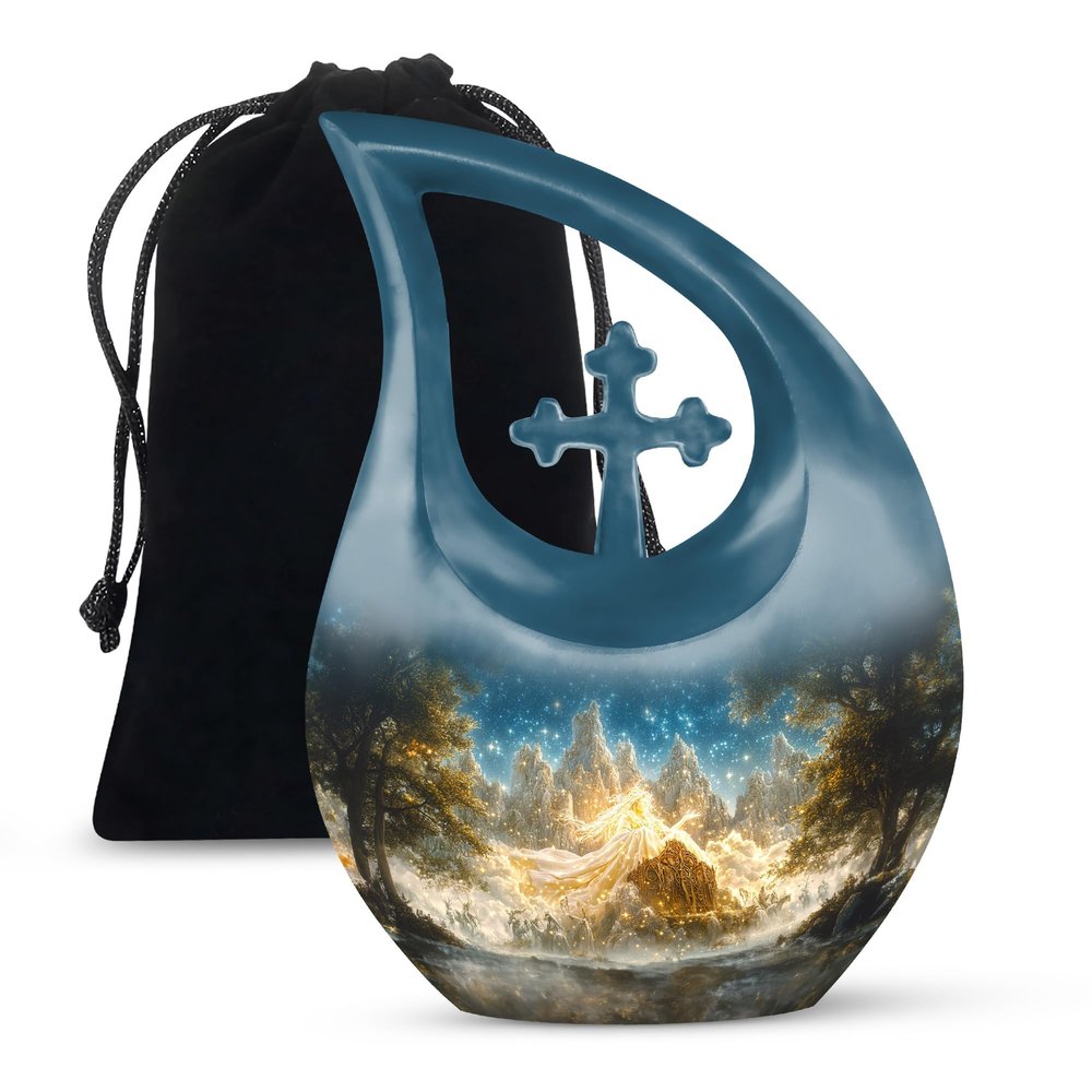 JAGLASH Angel Memorial Urns for Human Ashes - Cremation Urn for Mom & Dad - 10 Inch - Large with Velvet Bag - Funeral Urn Adult Ash - Burial for Ashes Adult Male & Female - Urns for Women & Men