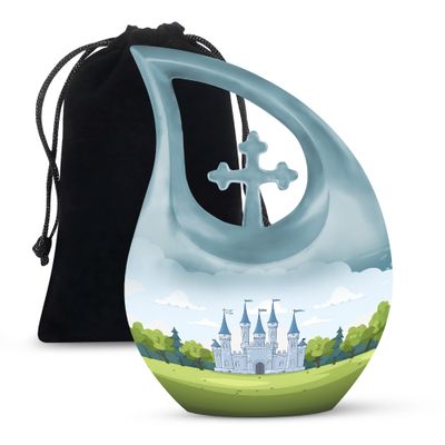 JAGLASH Castle Cremation Funeral Urns for Ashes for Grandfather & Grandmother - Blue Memorial Urn for Adult Male & Female - 10 Inch Large Decorative Urns for Human
