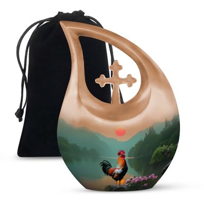 JAGLASH Rooster Burial Urns for Cremated Remains - Pink Flowers Large Cross Drop Funeral Urns for Human Ashes Adult Female and Male Remains - Sun Containers for Ashes Cremation, 10 Inch