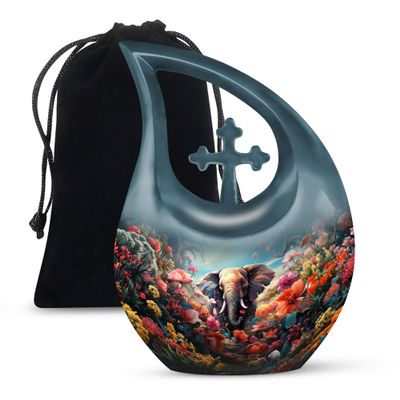 JAGLASH Elephant Burial Urn for Human Ashes Male & Female - Cremation Flowers Cross Drop Urns for Men & Women - Large Funeral Urns for Adult Husband & Wife (10 Inch)
