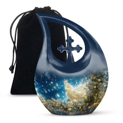 JAGLASH Angel Urn for Ashes for Women - Blue Urns for Human Ashes Adult Man - Cremation Urns for Female - Large Memorial Urn for Dad - Funeral for Mom - Velvet Bag Included (10 Inch)