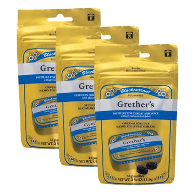 GRETHER'S Sugarfree Blackcurrant Pastilles, Refill Bag Premium Swiss Throat Lozenges for Dry Mouth & Throat Comfort Gift for Singers, Intense Fruit Flavor, Gluten & Lactose Free 3.7 oz, 3 Pack